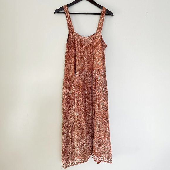 Natalie Martin Jasmine Silk Floral Print Tiered Midi Dress Rust Medium - Picture 1 of 8